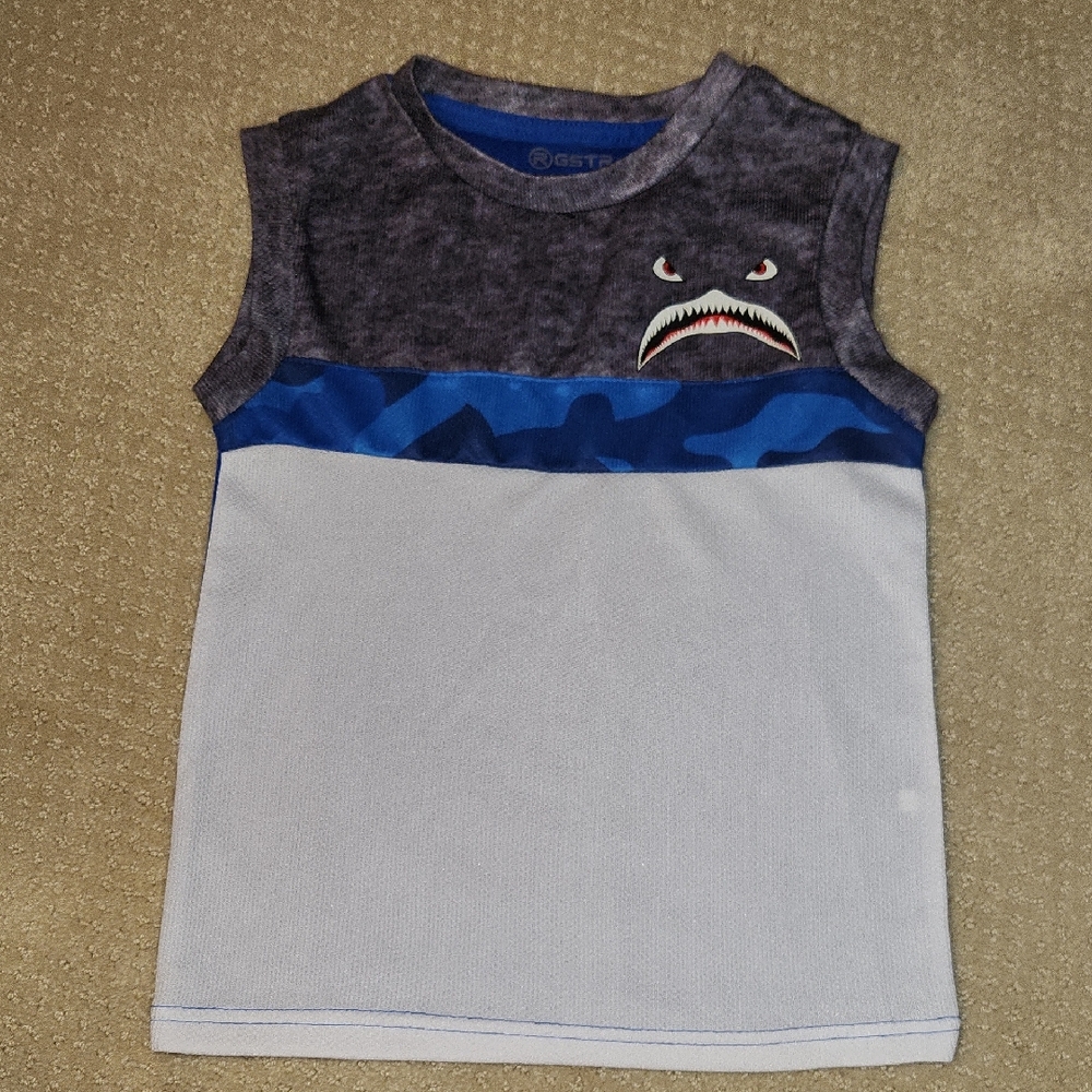Kids Sleeveless Shark Graphic Top - Gray and Blue Size 7 Dry Fit